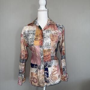 Magaschoni 100% Linen Patchwork Paisley Button Down Blouse Womens XS Long Sleeve